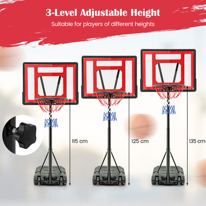 the swimming pool basketball hoop shown at three different heights with a close-up of the knob