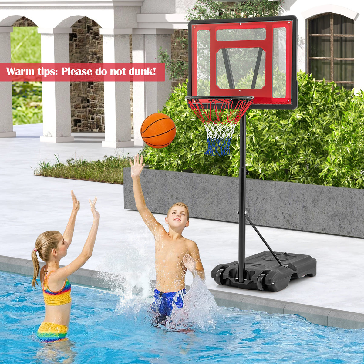 The sport equipment being used by two children playing basketball by the side of a swimming pool