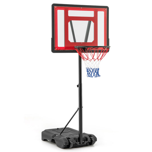 Swimming Pool Basketball Hoop Adjustable with a red backboard and a fillable base with wheels