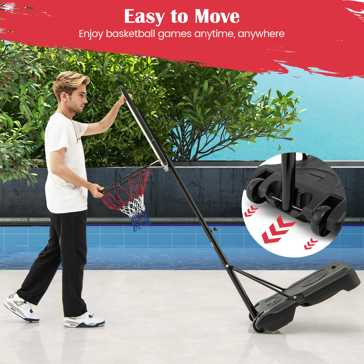 The sport equipment being tilted and moved on its wheels by an adult on a patio