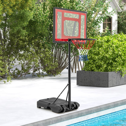 The sport equipment placed on a patio next to a swimming pool in a garden setting