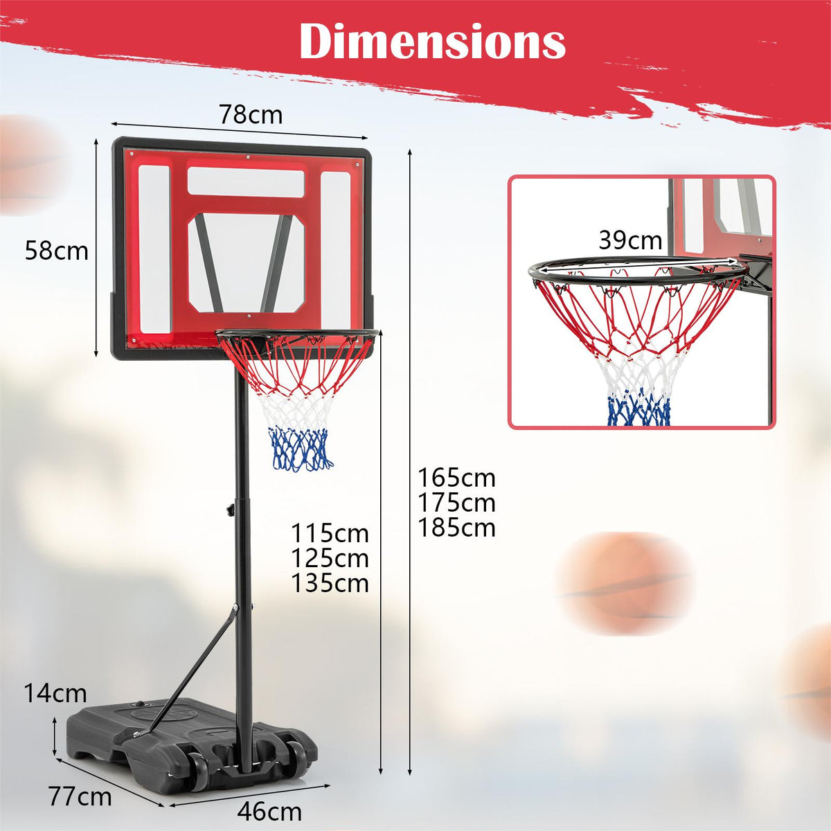 The sport equipment shown with various measurements for the backboard, base and hoop diameter