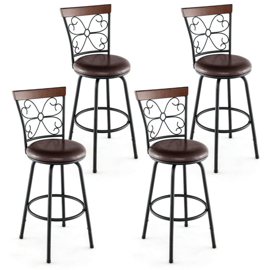 Swivel bar stool set of 4 with brown seats and decorative backs