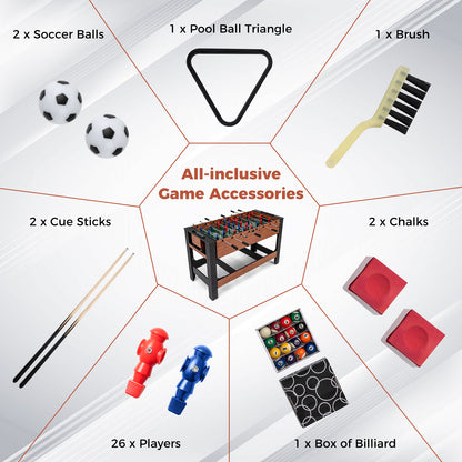 The game table surrounded by all the included accessories like balls and cues