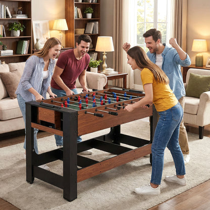 The game table being used for foosball by two couples in a bright living room