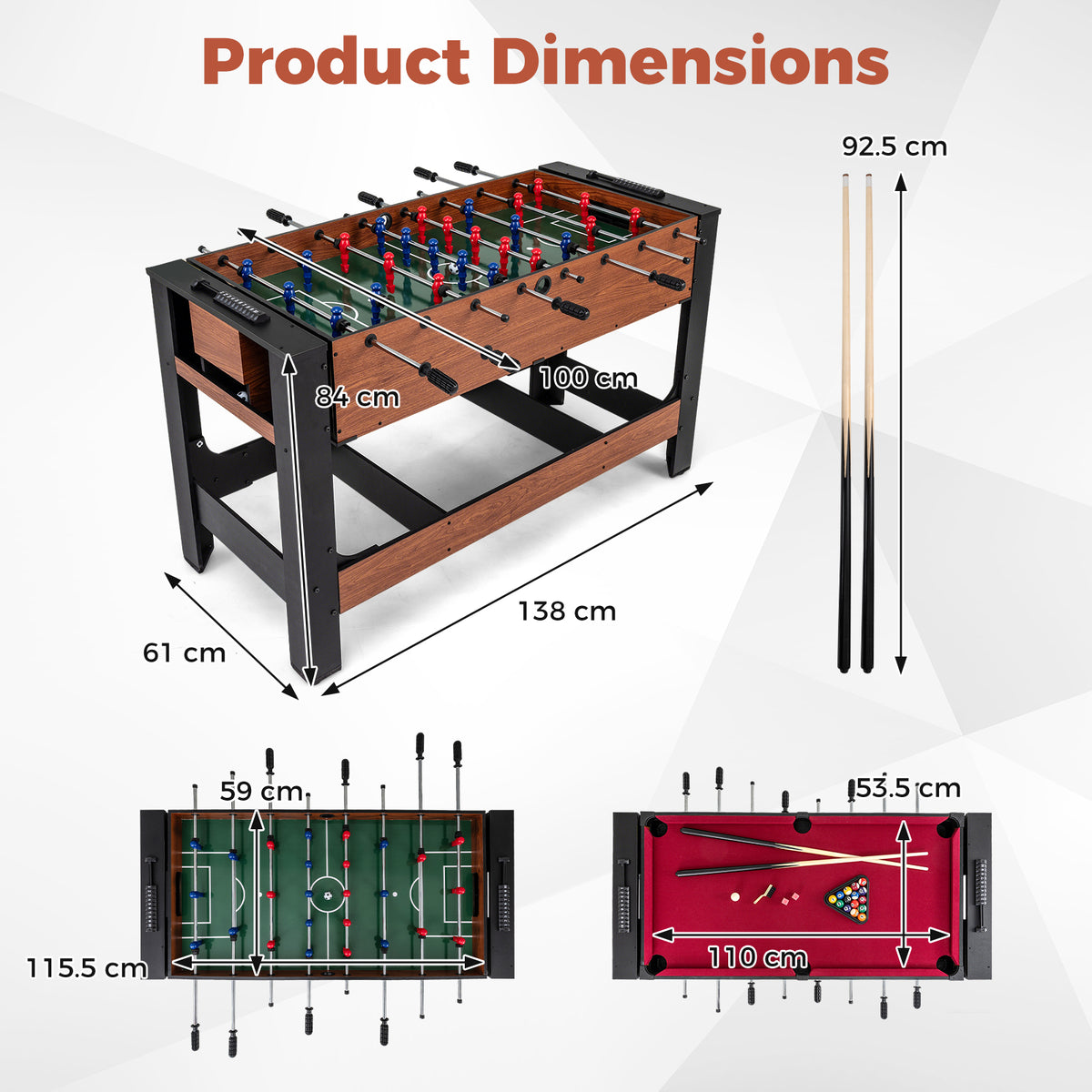 The game table showing various dimensions and measurements for the unit and cues