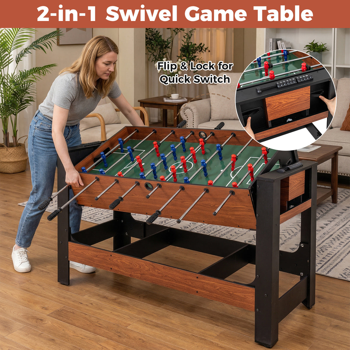 The game table being rotated by a woman to switch between the two game surfaces
