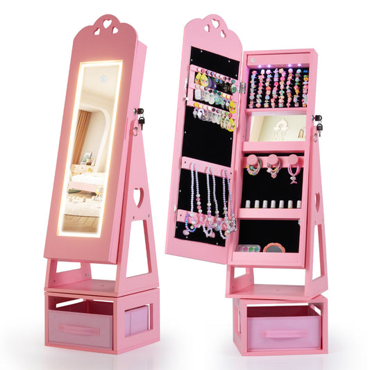 Swivel Kids Jewelry Cabinet with Full-Length Mirror and Lights in pink, shown open with mirror and storage
