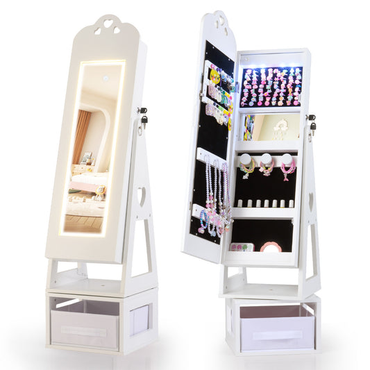 Swivel Kids Jewelry Cabinet with Full-Length Mirror and Lights shown closed and open