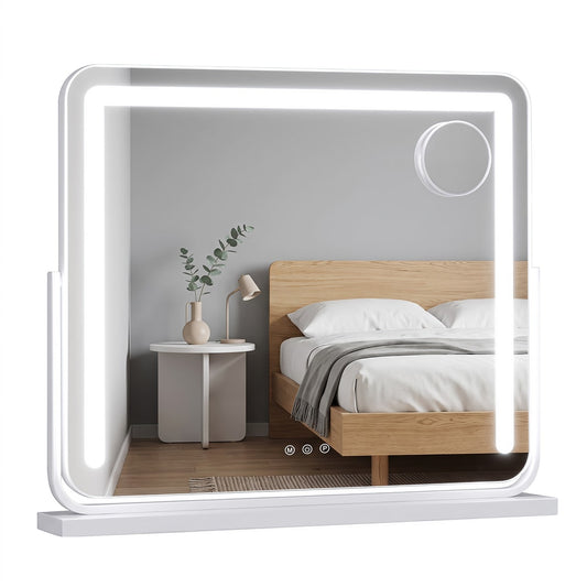 Swivel Vanity Mirror with bright LED light strips and a small circular magnifying attachment on a base