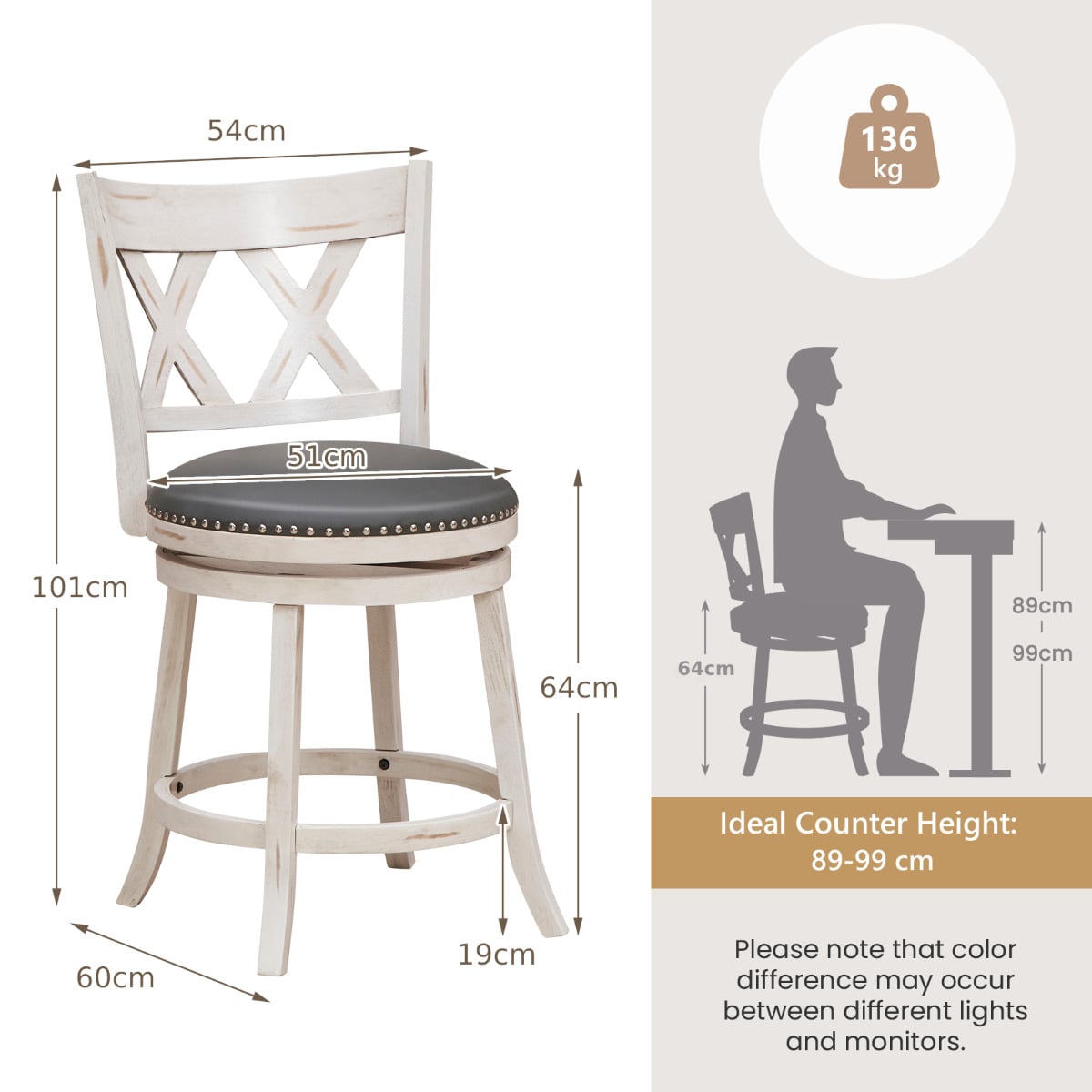 Swivel 64cm Hand-Antiqued Stool Set of 4 with Wider Padded Seat