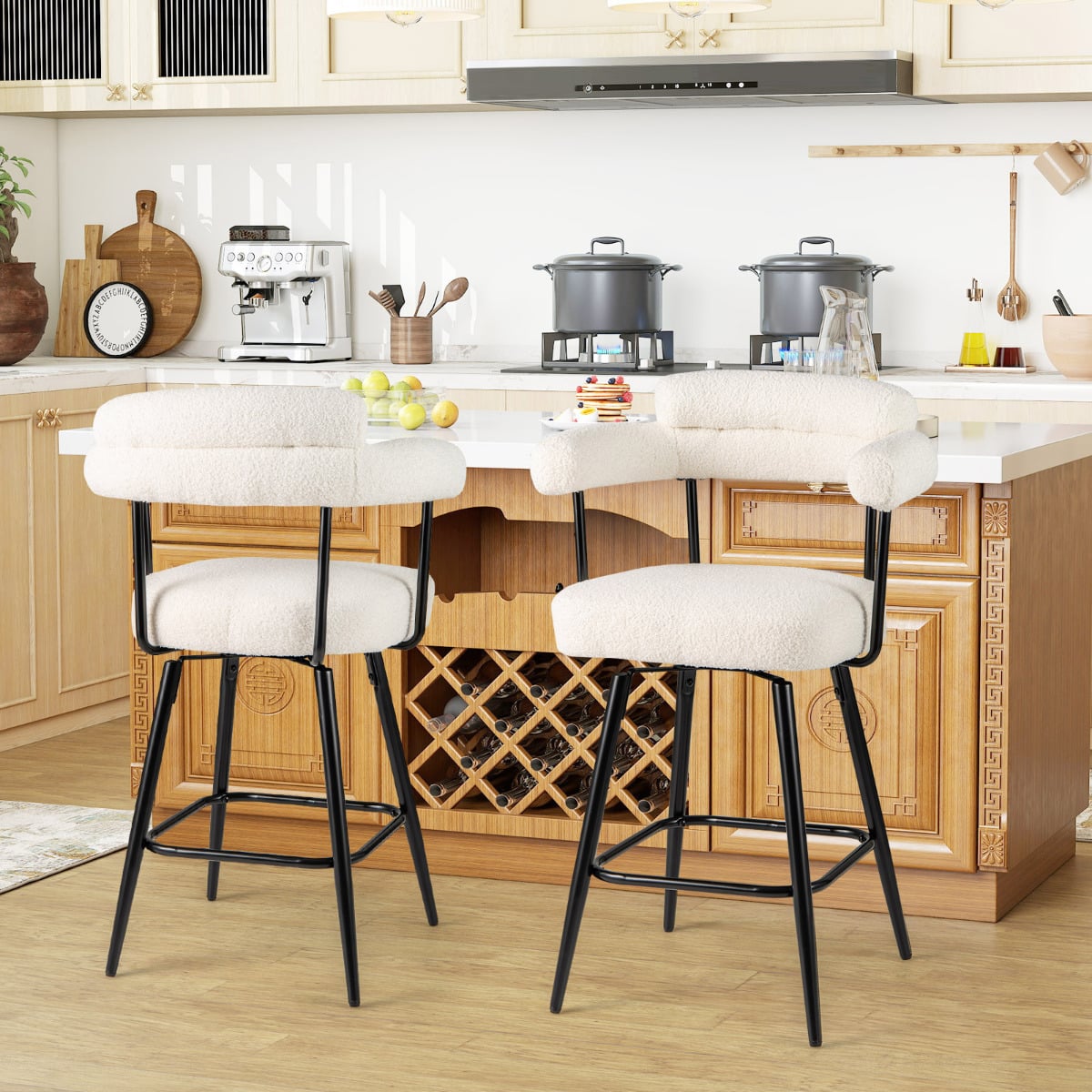 Swivel Bar Stool Set of 2 Counter Height Chairs with Curved Back-White