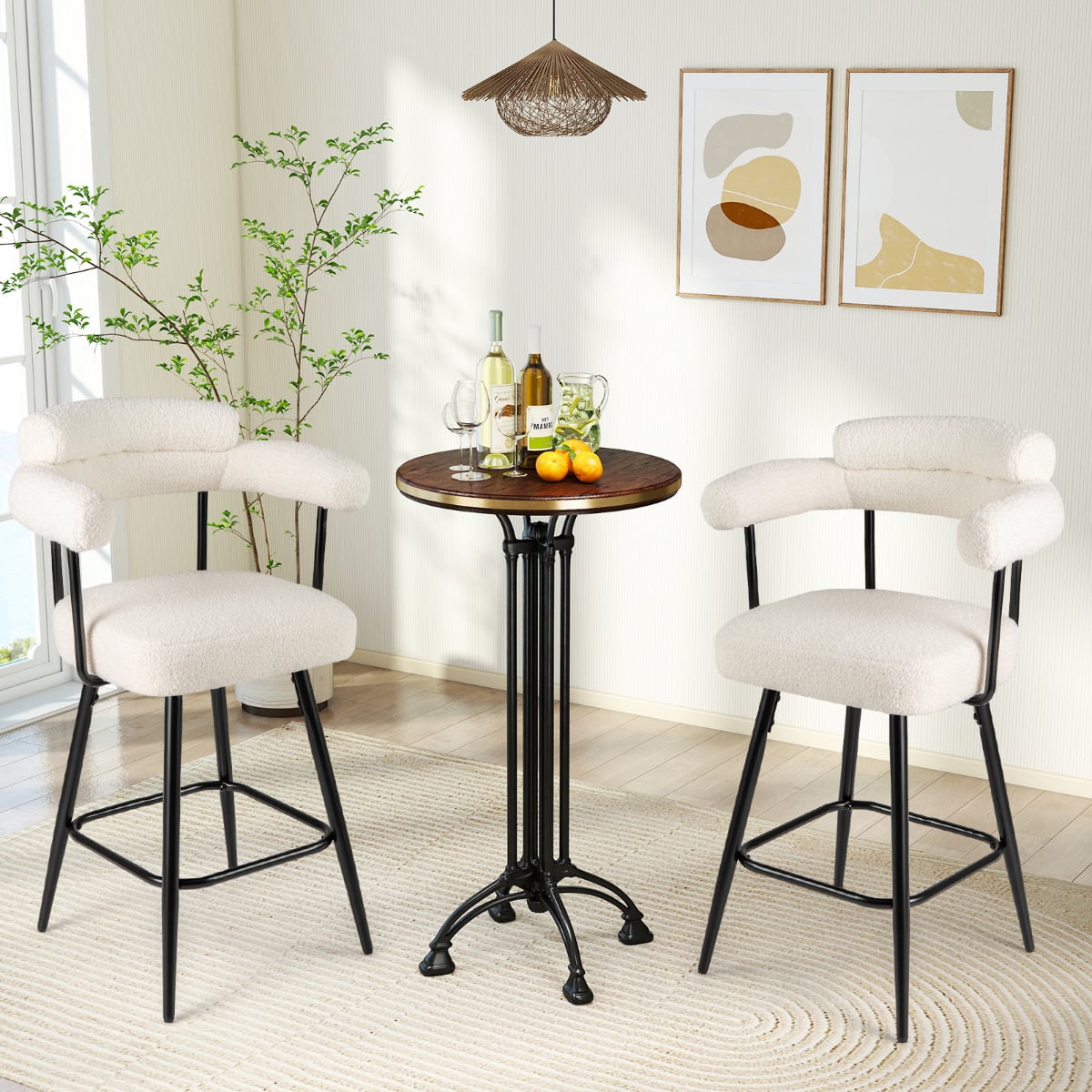 Swivel Bar Stool Set of 2 Counter Height Chairs with Curved Back-White