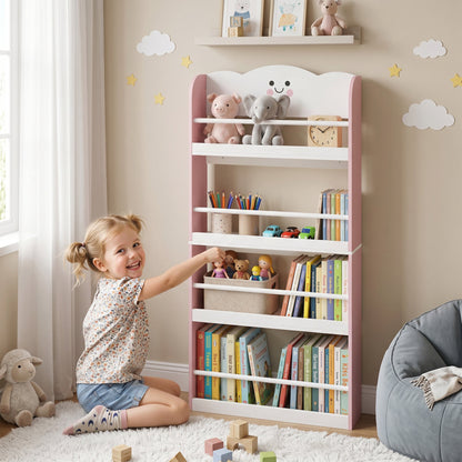 AIYAPLAY 4 Tier Kids Bookshelf, Wall-Mounted Children Bookcase, Toddler Space-Saving Bookcase for Kids Room, Playroom, Pink