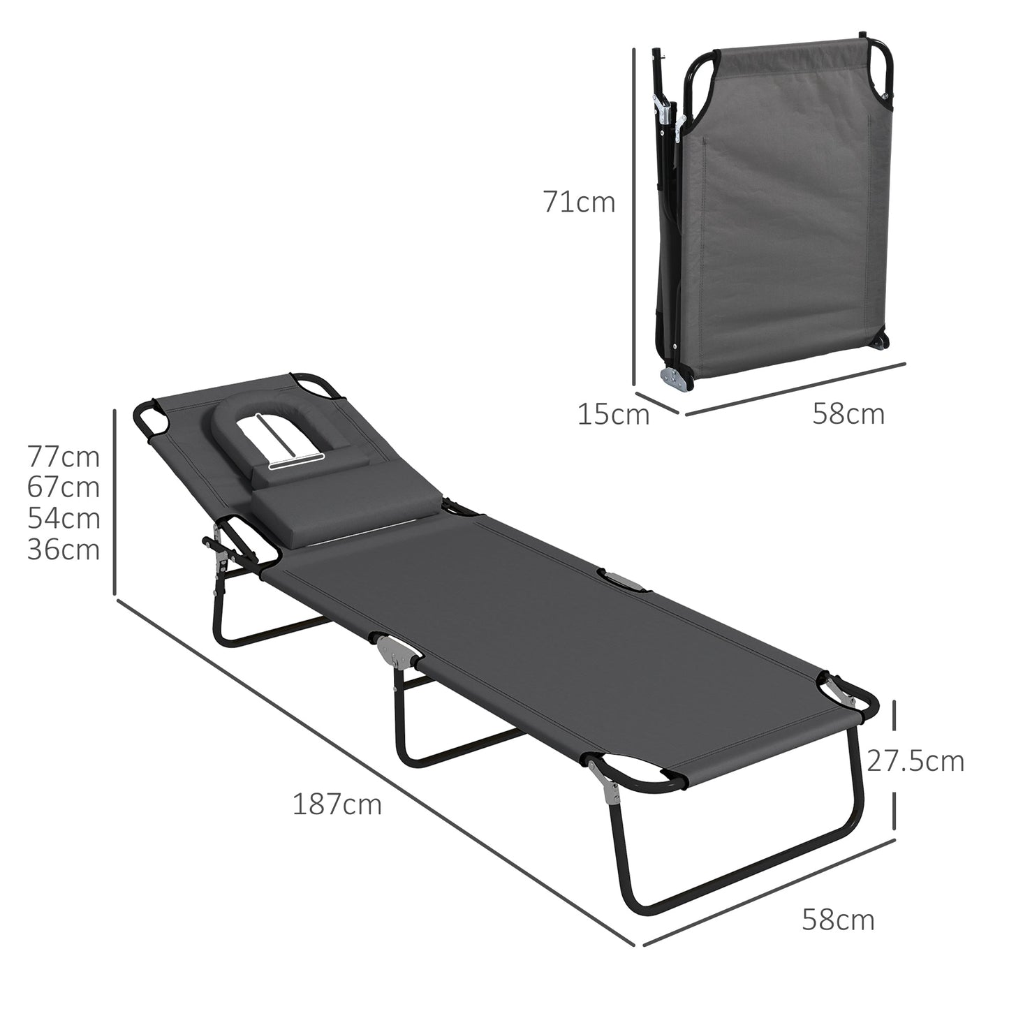 Outsunny Folding Sun Loungers Set of 2 with Face Hole, 4-Position Adjustable Backrest Garden Recliner Chairs Sunbeds, Outdoor Lounge Chairs with 600 D Oxford Cloth Seat, Pillow for Beach, Dark Grey