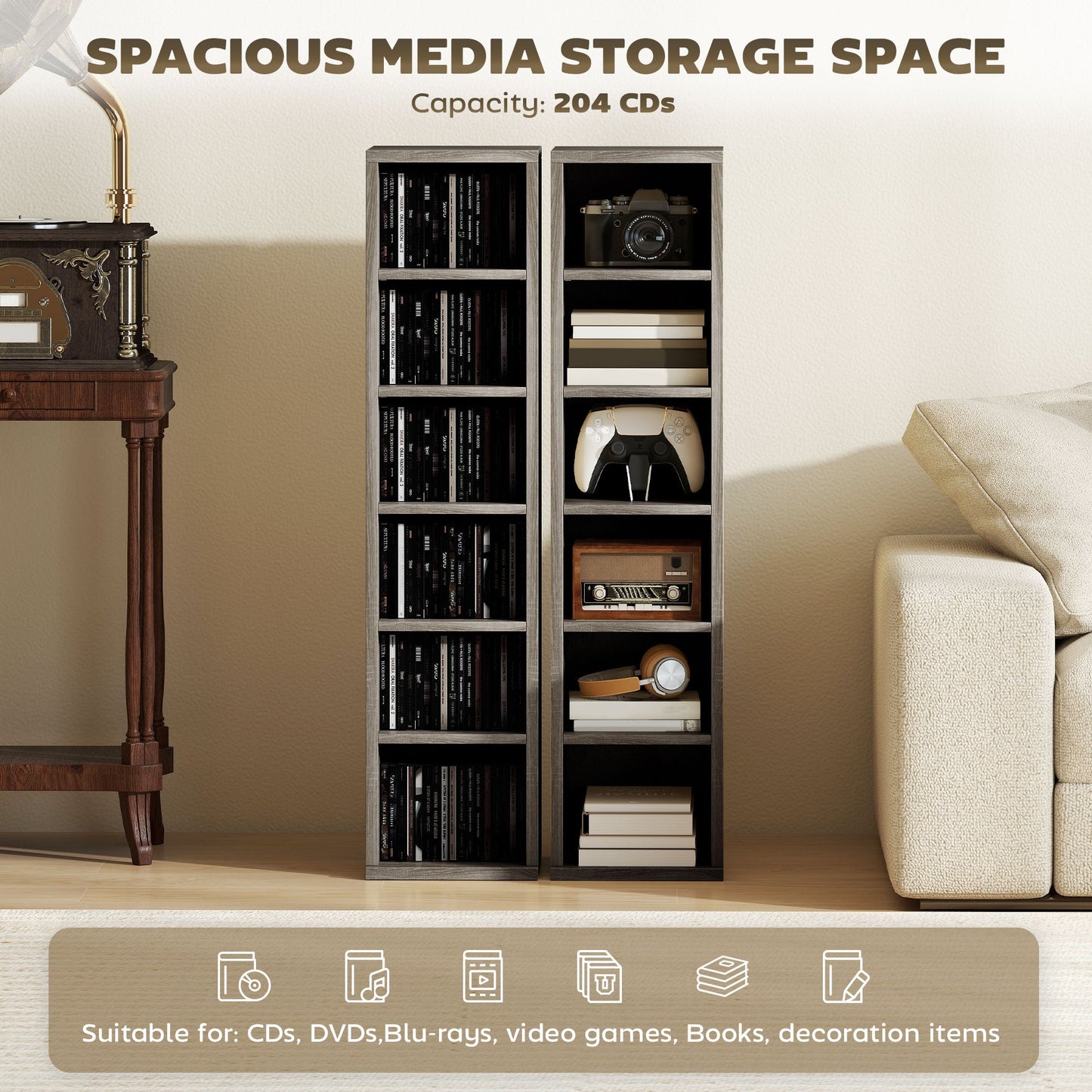 HOMCOM Set of 2 CD Media Display Shelf Unit Tower Rack with Adjustable Shelves, Distressed Grey