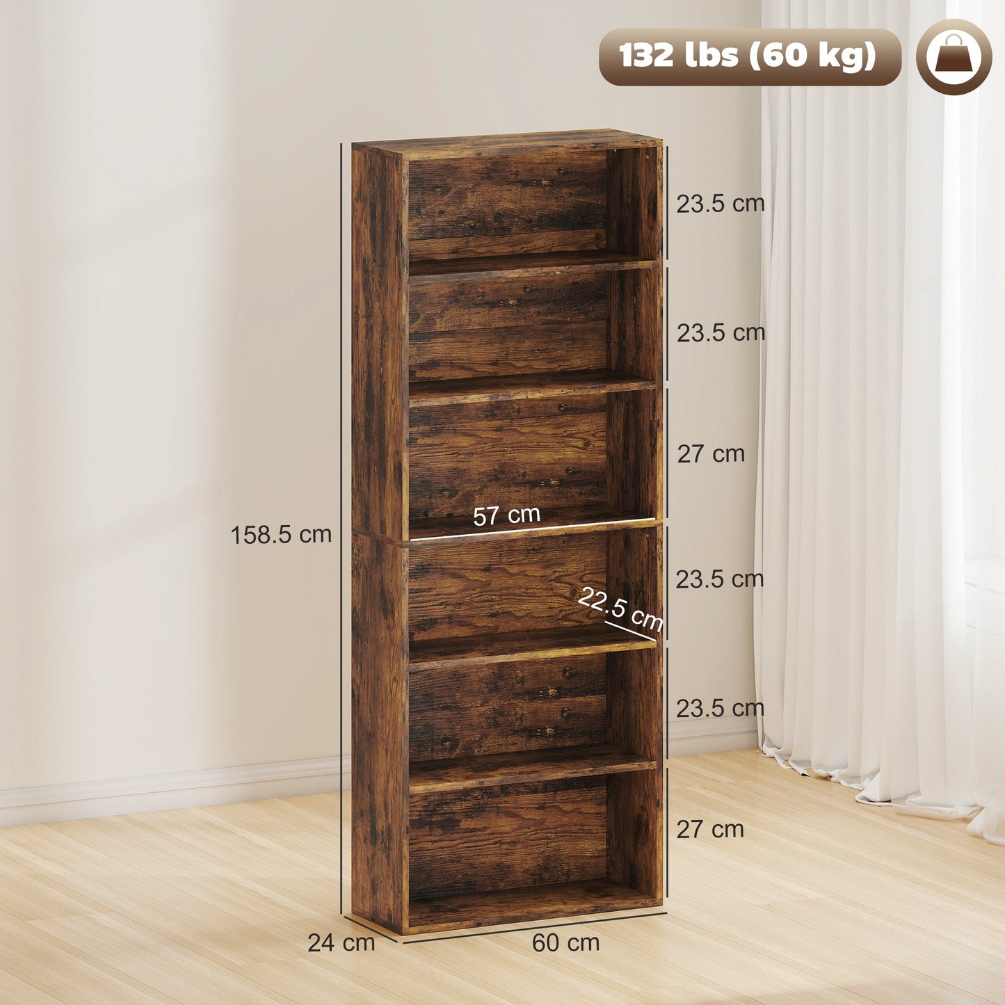 HOMCOM Six Shelf Bookcase - Rustic Brown