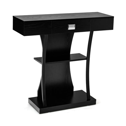 T-Shaped Console Table for Small Space in black wood effect with a single drawer and two shelves