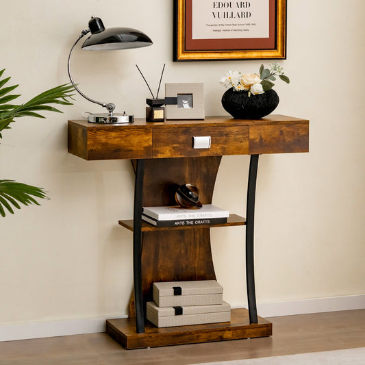 The console table styled in a living room with a lamp and books on the shelves