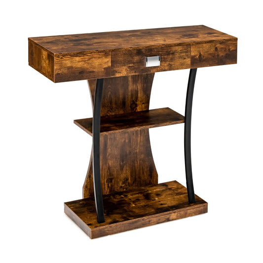 T-Shaped Console Table for Small Space with a brown finish and black curved metal supports