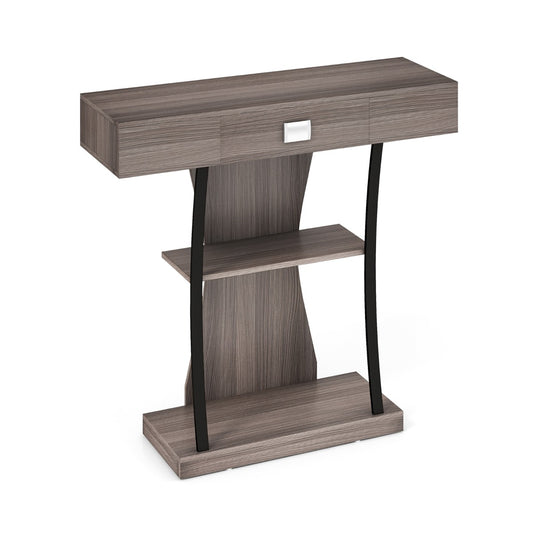 T-Shaped Console Table for Small Space in grey with a central drawer and two open shelves