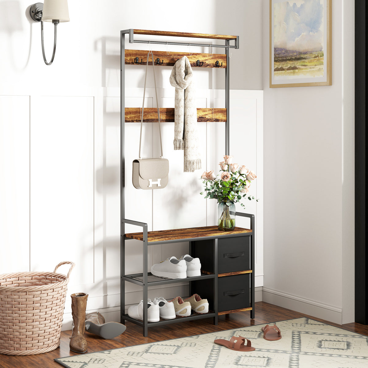 HOMCOM Industrial-Style Multi-Use Hallway Tree in Rustic Brown