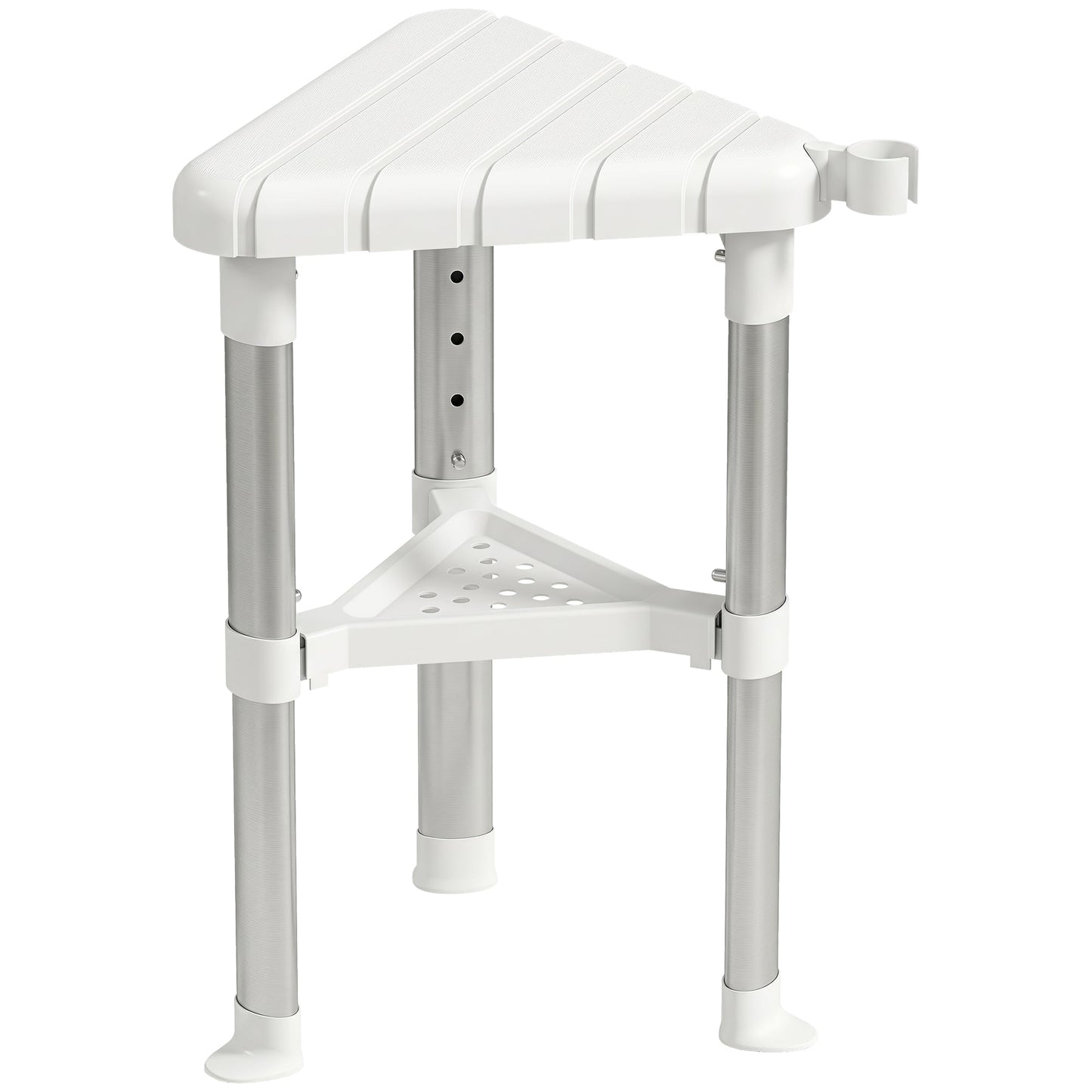 HOMCOM Shower Stool, Aluminium Alloy Corner Shower Chair with Storage Shelf and HDPE Seat, Adjustable Height, White