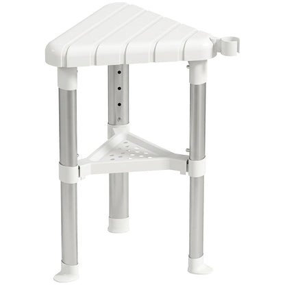 HOMCOM Shower Stool, Aluminium Alloy Corner Shower Chair with Storage Shelf and HDPE Seat, Adjustable Height, White