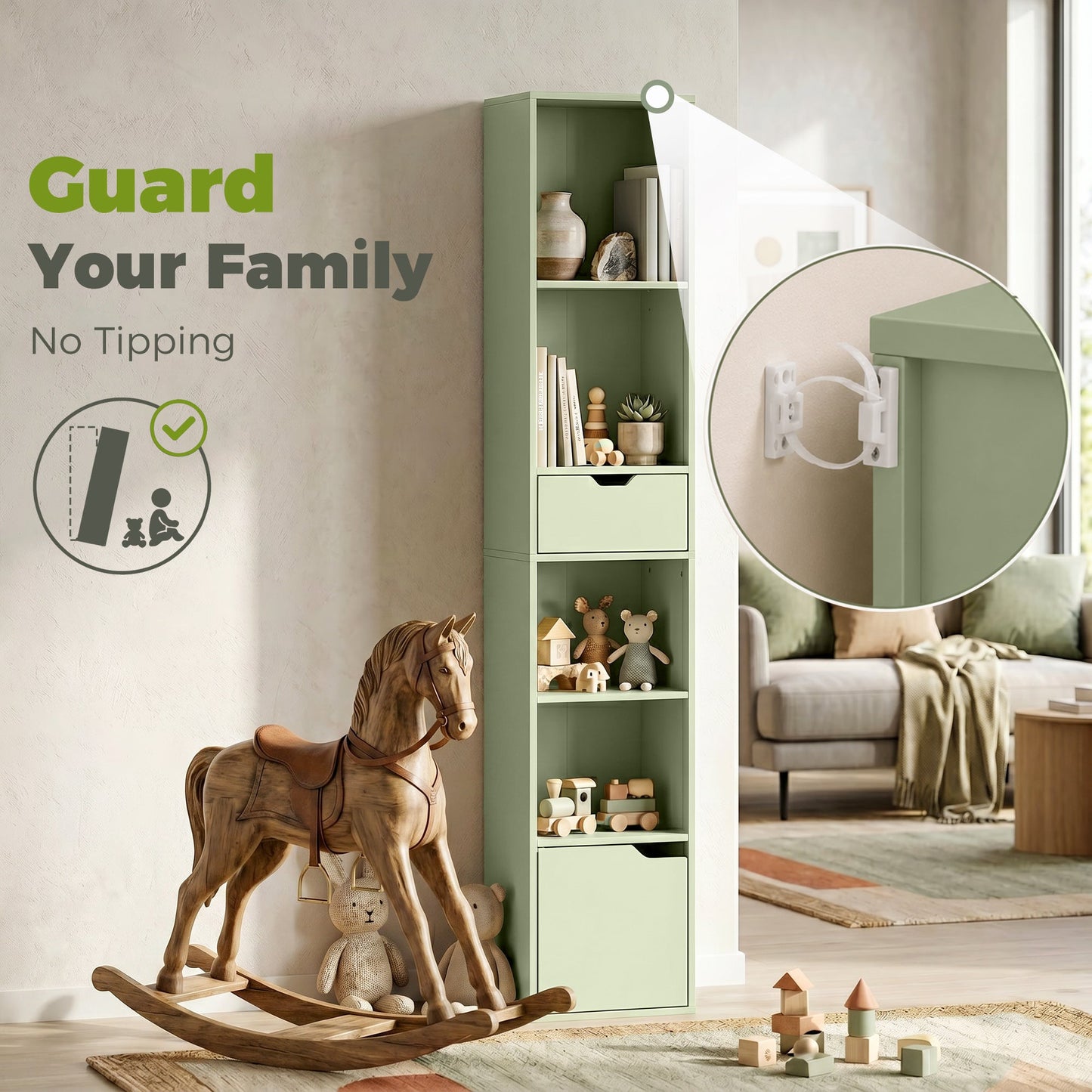 HOMCOM 6-Tier Bookcase, Tall Narrow Bookshelf with Drawer and Door - Green