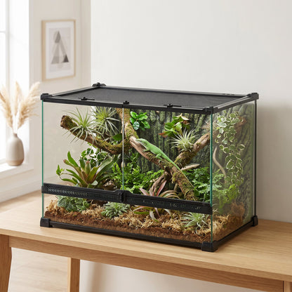 PawHut Reptile Glass Terrarium with Stone Background, Front Ventilation, Escape-Proof Knob Lock, 50 x 30 x 35 cm, Black