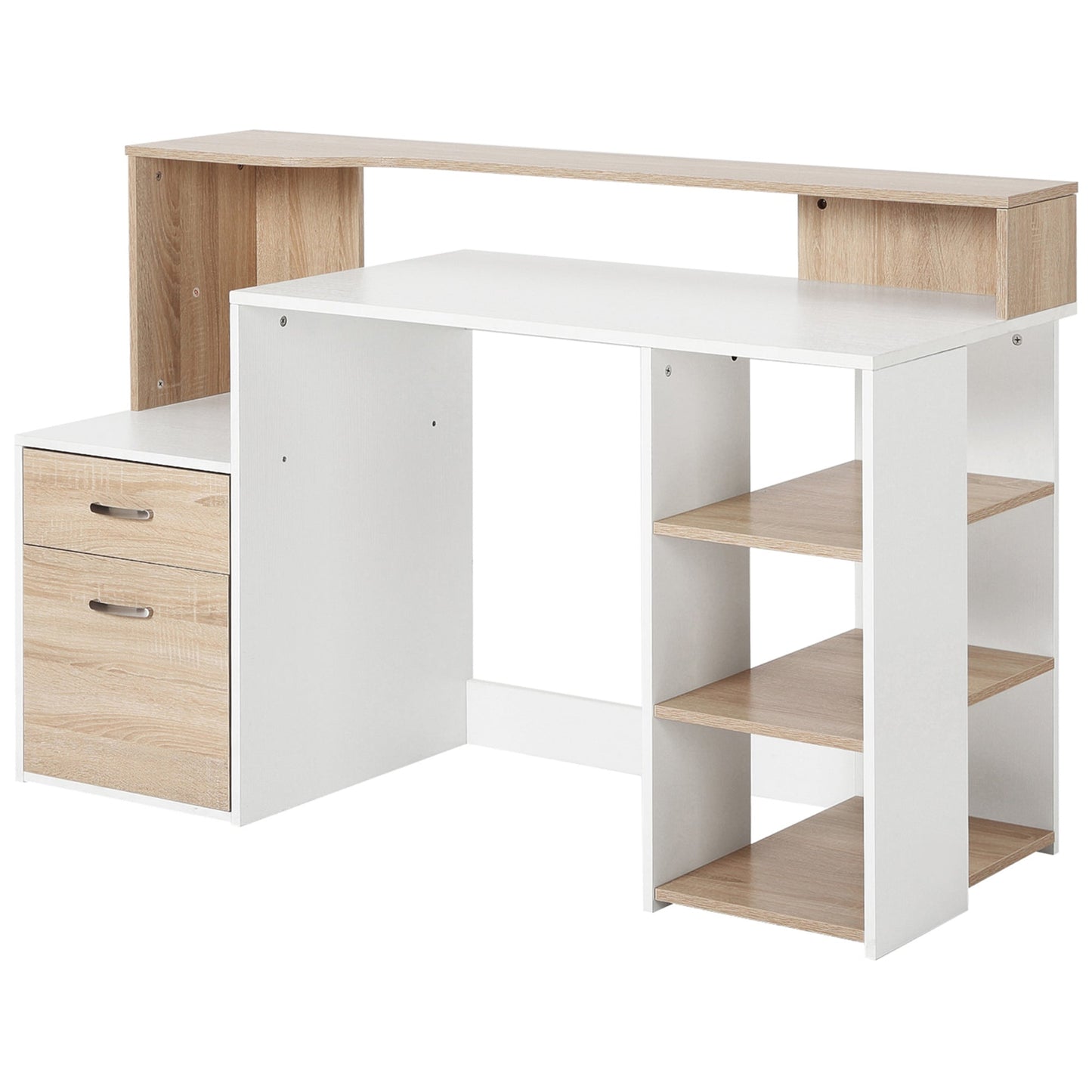 HOMCOM Computer Desk with Drawers and Storage Shelves, Office Desk Writing Table with Printer Stand, Large Workstation for Study Play Work Home Office, 137 x 55 x 92cm, Oak