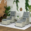 Outsunny 5 Pieces Rattan Bistro Set with Adjustable Back, Reclining Wicker Balcony Furniture with Cushions, Glass Top Coffee Table and Footstools, Outdoor Table and Chairs, Grey