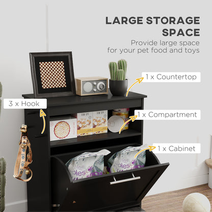 PawHut Pet Feeder Station, Dog, Cat Storage Container, with Raised Bowls, Hanger, Cabinet - Black