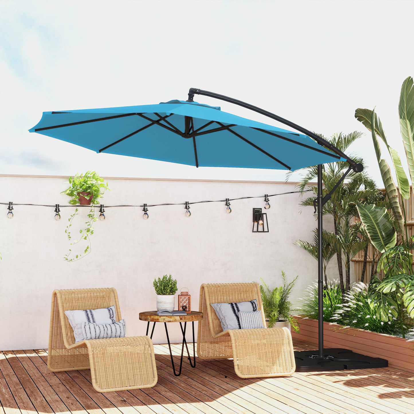 Outsunny 3m Overhanging Parasol, with Base, Weights and Cover - Blue