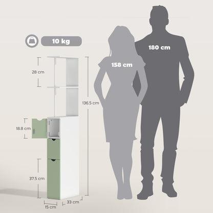 HOMCOM Slim Bathroom Storage Cabinet, Tall Bathroom Floor Cabinet with 2-Tier Shelf and 2 Drawers, White and Light Green