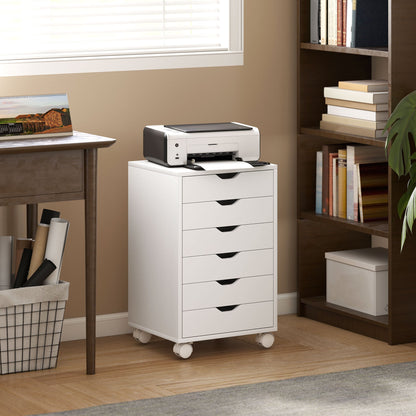 HOMCOM 6 Drawer Vertical File Cabinet, Mobile Filing Cabinet with Quiet Drawers and Wheels with 2 Brakes, White
