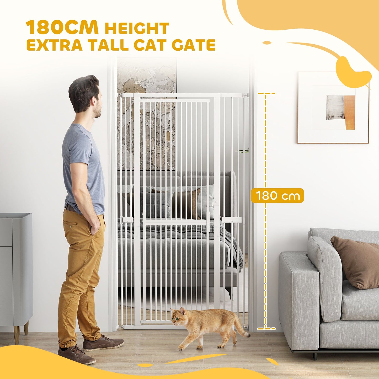 PawHut 180cm Extra Tall Pet Gate with 3.5 cm Narrow Gap, Pressure Mounted No Drilling Cat Gate for Doorways, 77-104cm Width
