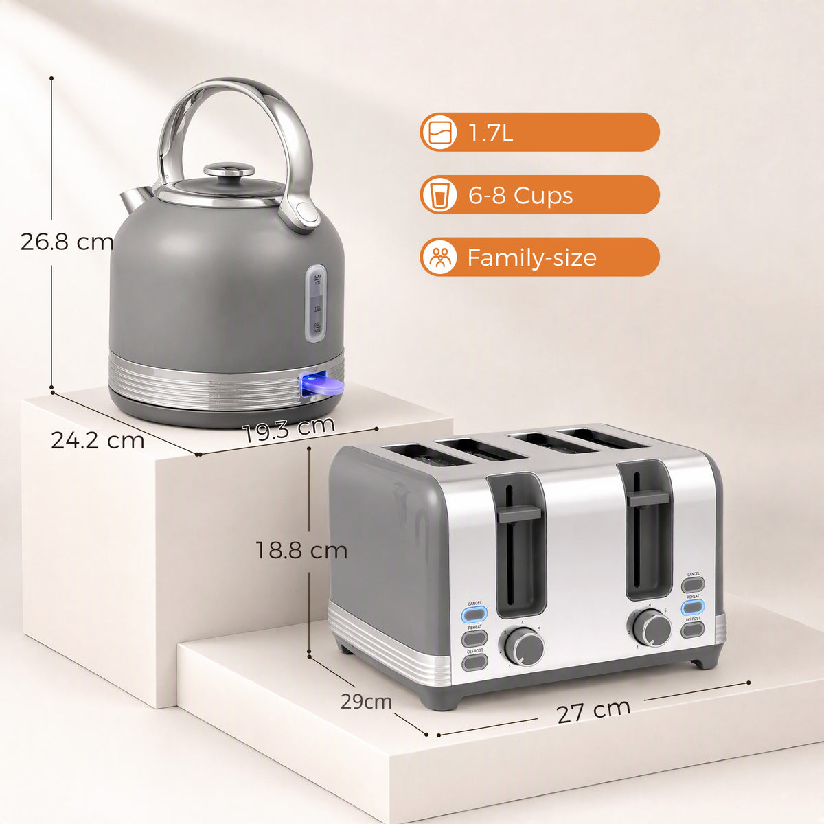 HOMCOM Stainless Steel Kettle and Toaster Set in Grey