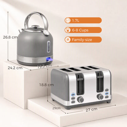 HOMCOM Stainless Steel Kettle and Toaster Set in Grey