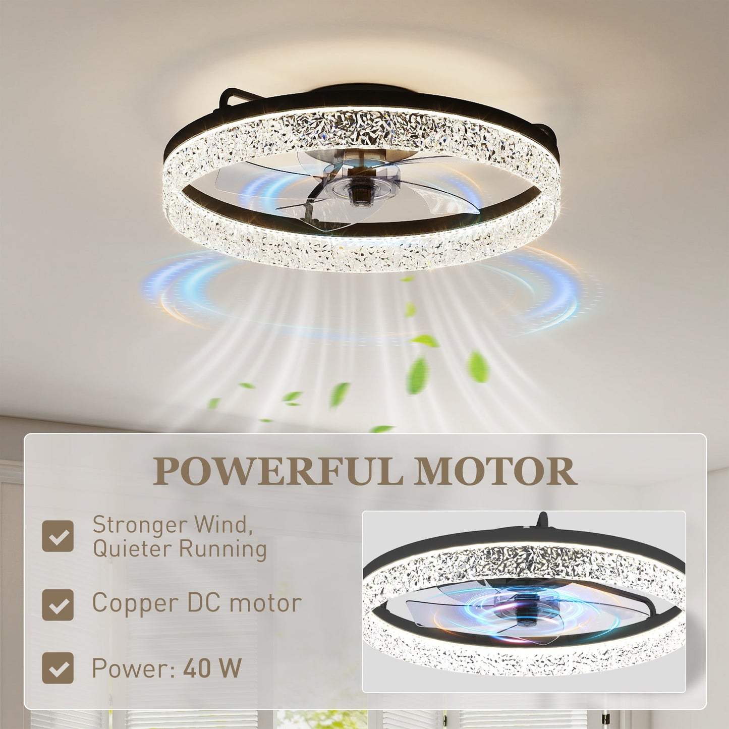 HOMCOM Ceiling Fan with Lights, Dimmable LED Mount Ceiling Fan Light with Remote App Control for Bedroom, Black