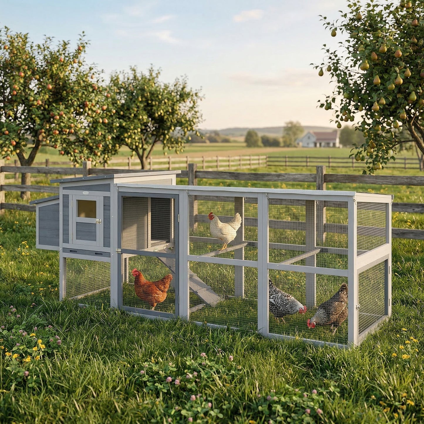 PawHut Large Chicken Coop، قفص دجاج خشبي مع منطقة لعب مغطاة، وصندوق تعشيش، ودرج سحب، وسقف أسفلت قابل للفتح