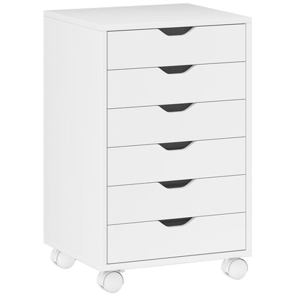 HOMCOM 6 Drawer Vertical File Cabinet, Mobile Filing Cabinet with Quiet Drawers and Wheels with 2 Brakes, White