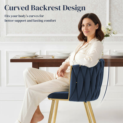 HOMCOM Velvet-Feel Dining Chairs Set of 2, Modern Upholstered Armchair with Knot Design and Golden Metal Legs, Accent Chair for Dining Room, Bedroom, Kitchen, Living Room, Dark Blue