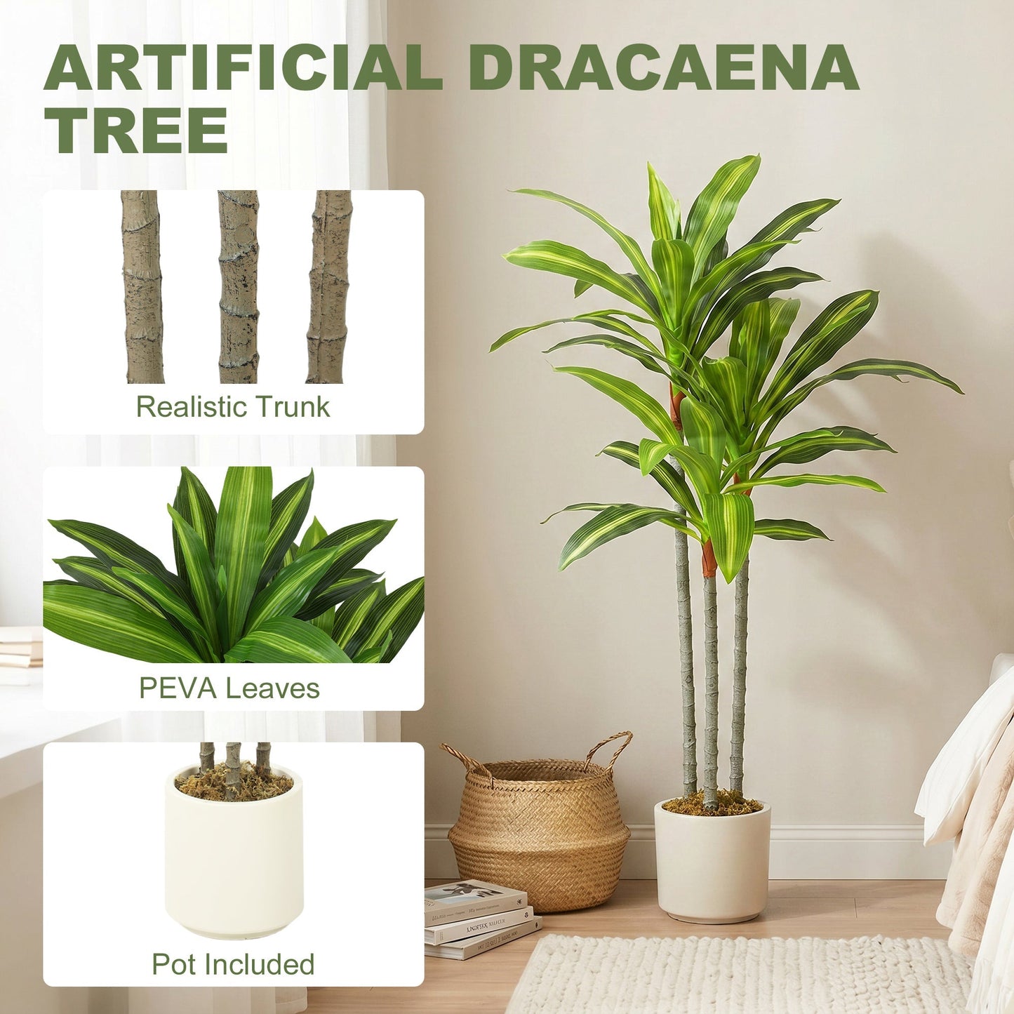 HOMCOM 90cm Lifelike Fake Tree, Artificial Dracaena Tree with Bendable Trunks, Green