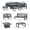 Outsunny 6-Piece Aluminium Garden Furniture Set with Fire Pit Table, Outdoor Dining Sofa Set with Cushions, Loveseats and Footstools, Sectional Corner Conservatory Furniture for Patio, Grey