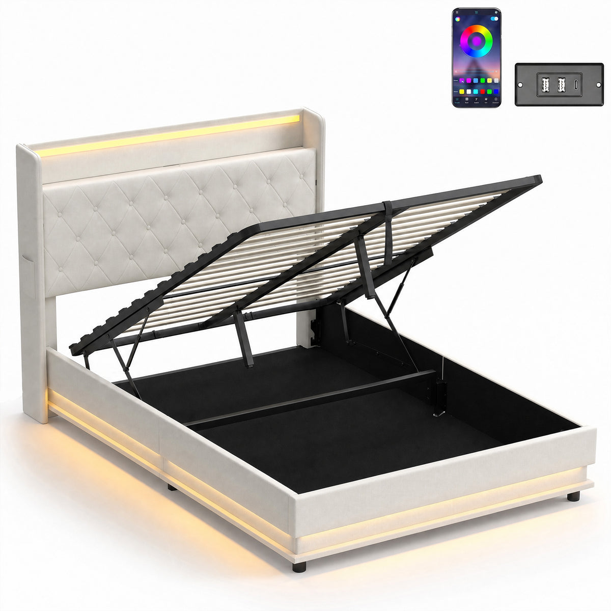 HOMCOM 4ft6 Double Bed Frame with Headboard, Platform Bed Frame with Hydraulic Storage, LED Lights and Charging Station, Cream