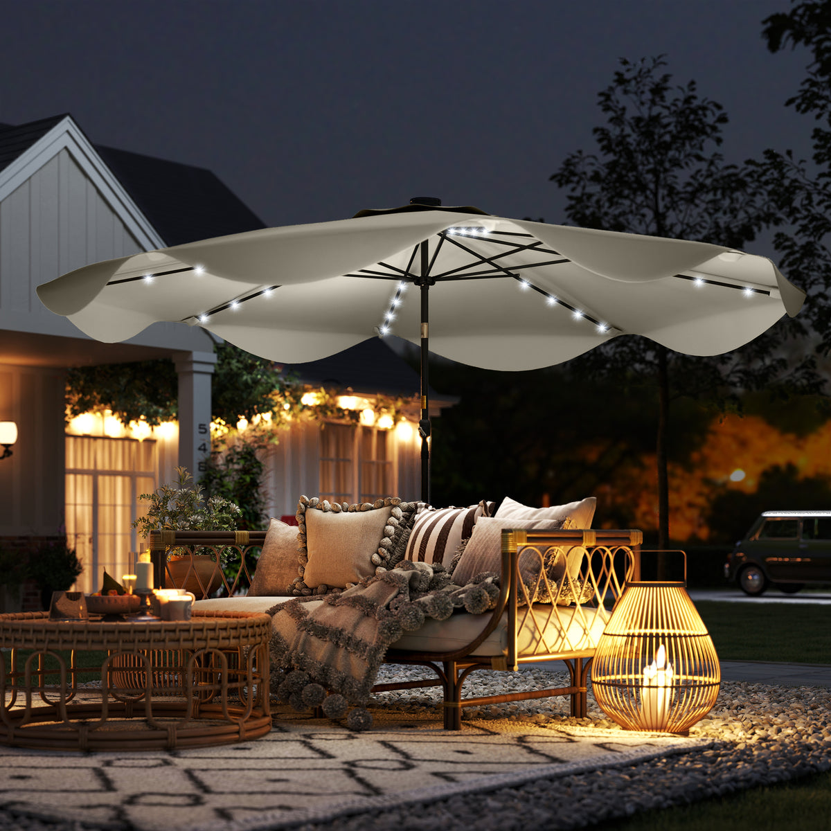 Outsunny Solar Patio Umbrella with LED and Tilt in Cream White