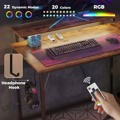 HOMCOM Reversible 'L' LED Light Gaming/Work Desk - Rustic Brown