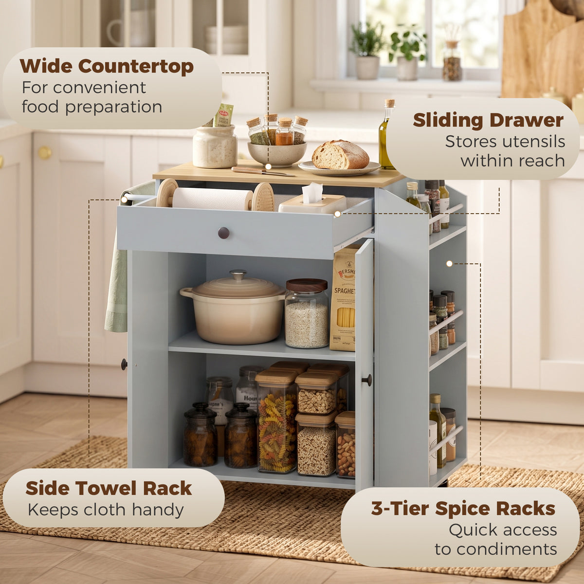 HOMCOM Rolling Kitchen Island with 3-Tier Spice Rack in Light Blue