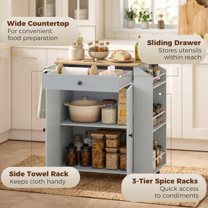 HOMCOM Rolling Kitchen Island with 3-Tier Spice Rack in Light Blue